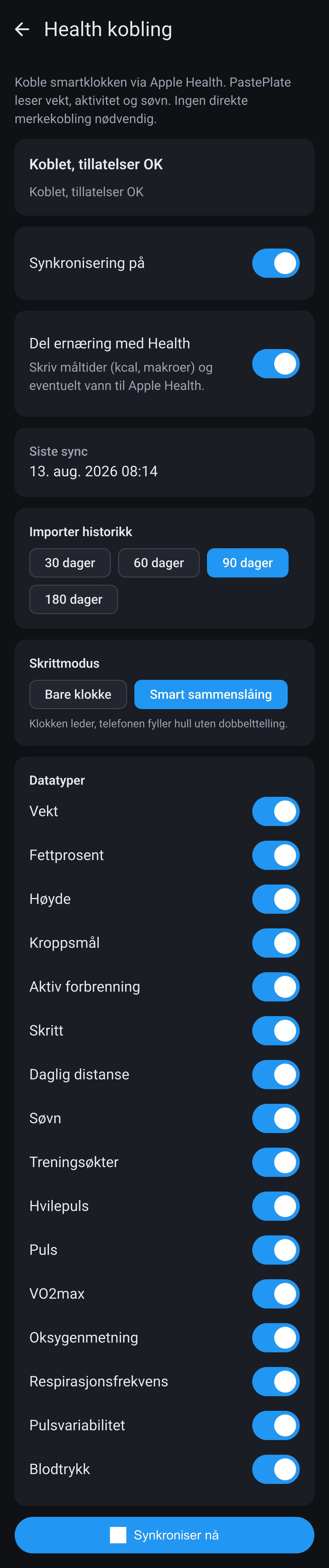 Innstillinger Health kobling på iPhone: synkronisering på, importer historikk, skrittmodus og brytere per datatype.