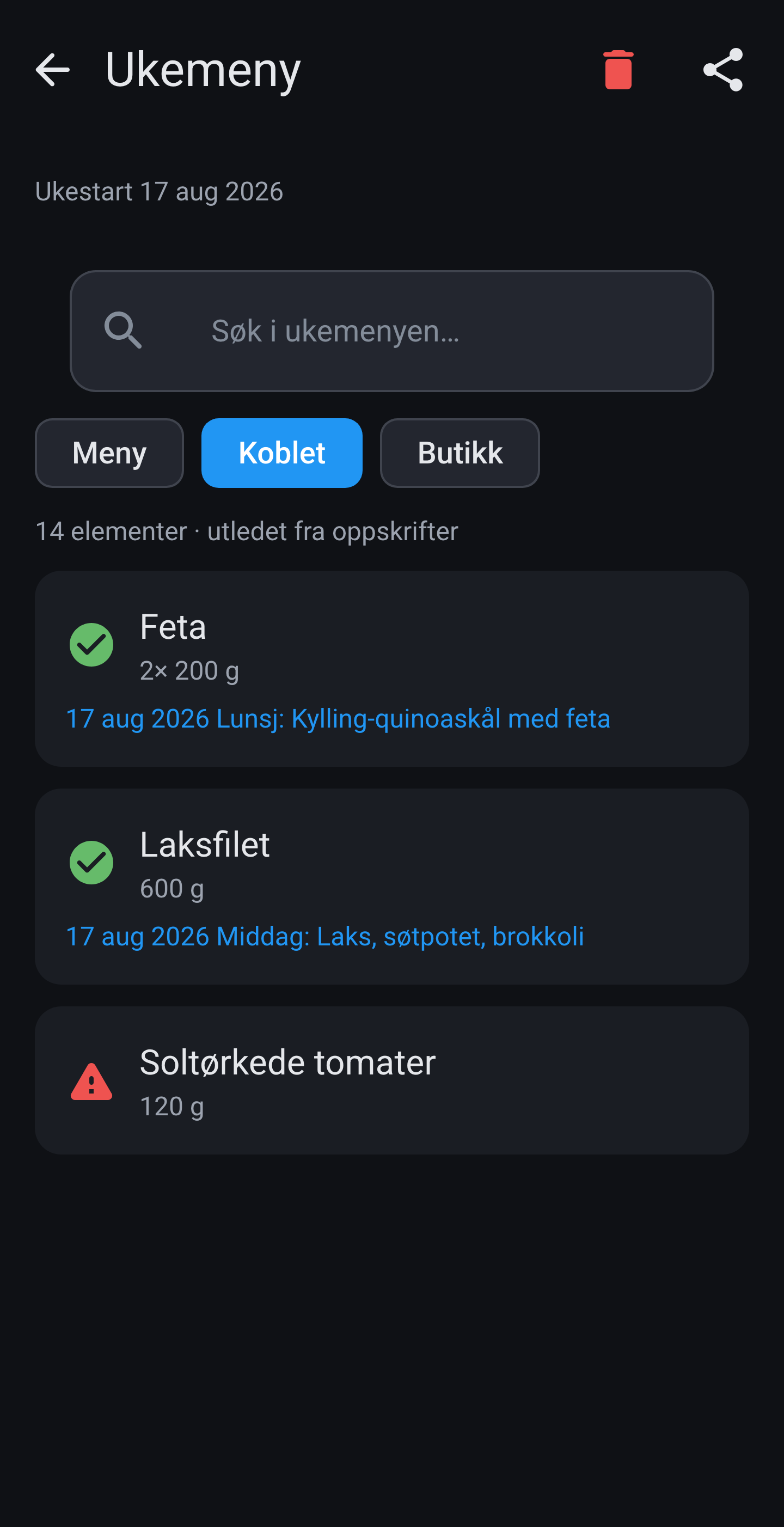 Ukemeny på fanen Koblet: handlelinjer ved siden av oppskriftene de kom fra, med advarsel på en vare som ikke matcher.