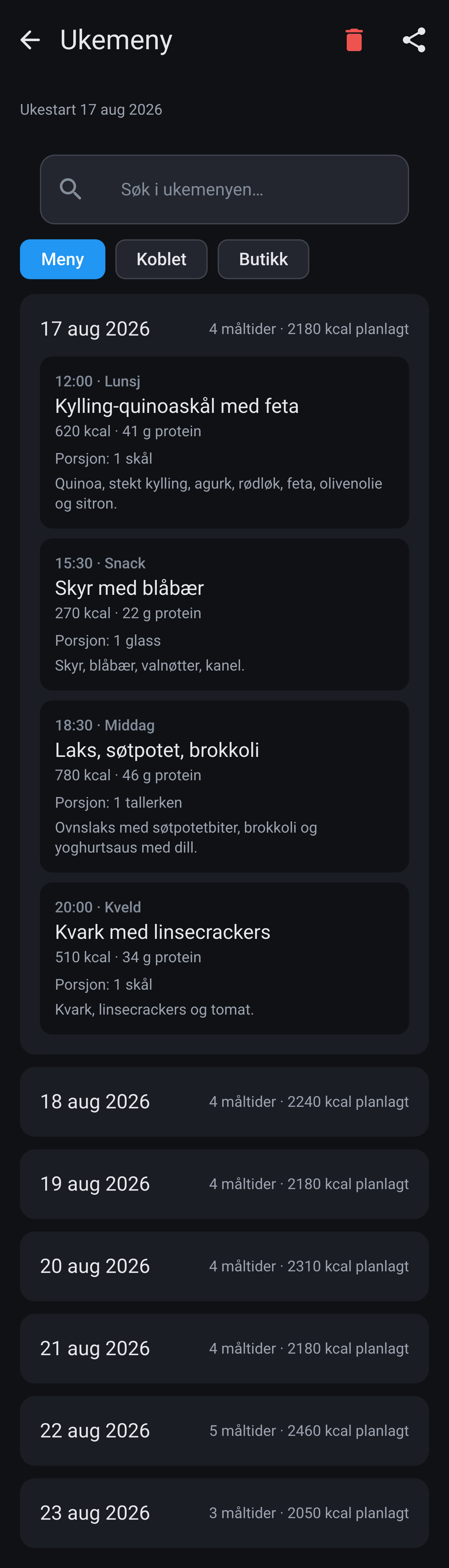 Ukemeny på fanen Meny med første dag åpen: lunsj, snack, middag og kveld, hver med kalorier og protein.