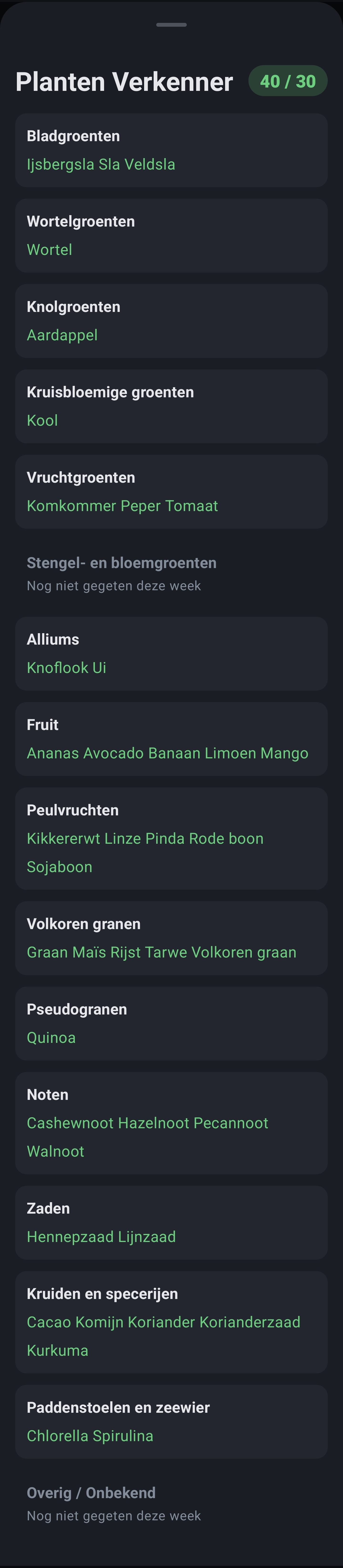 Plantenverkenner met 15 categorieën, gelogde soorten en ontbrekende categorieën.