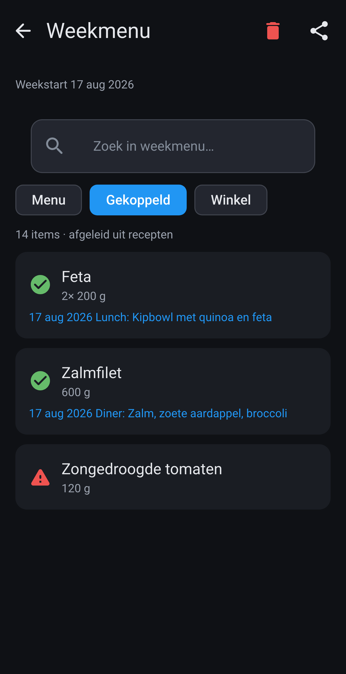Weekmenu op tab Gekoppeld: boodschapregels naast de recepten waar ze bij horen, met een waarschuwing bij een item dat niet klopt.