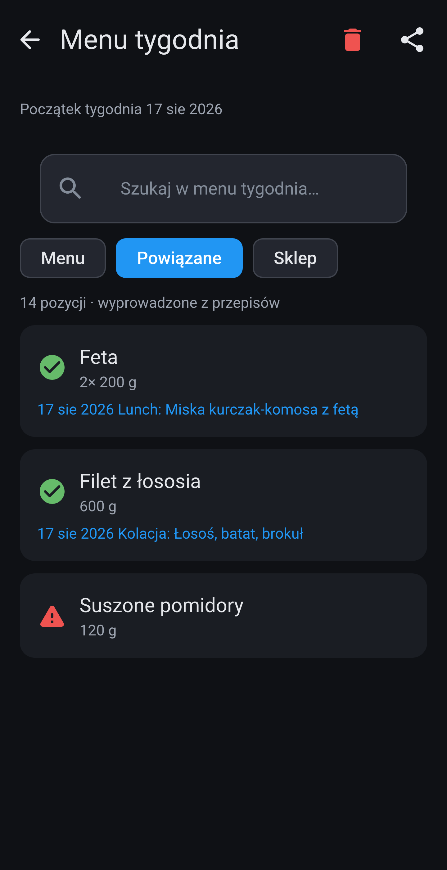Menu tygodnia na karcie Powiązane: linie zakupów obok przepisów, z ostrzeżeniem przy pozycji, która się nie zgadza.