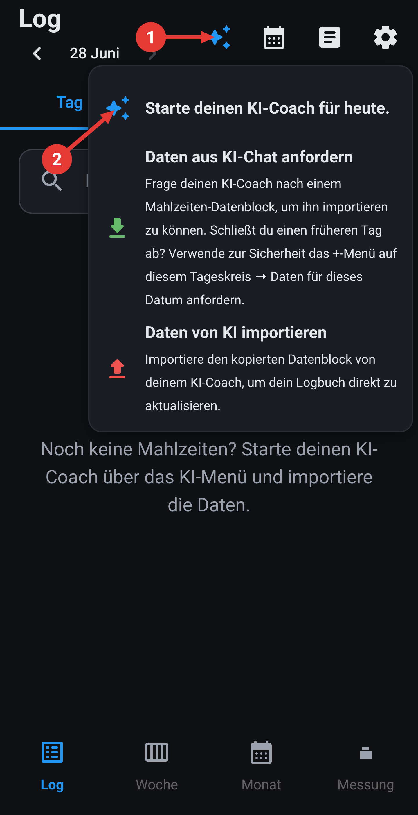KI-Menü: Starte deinen KI-Coach für heute.