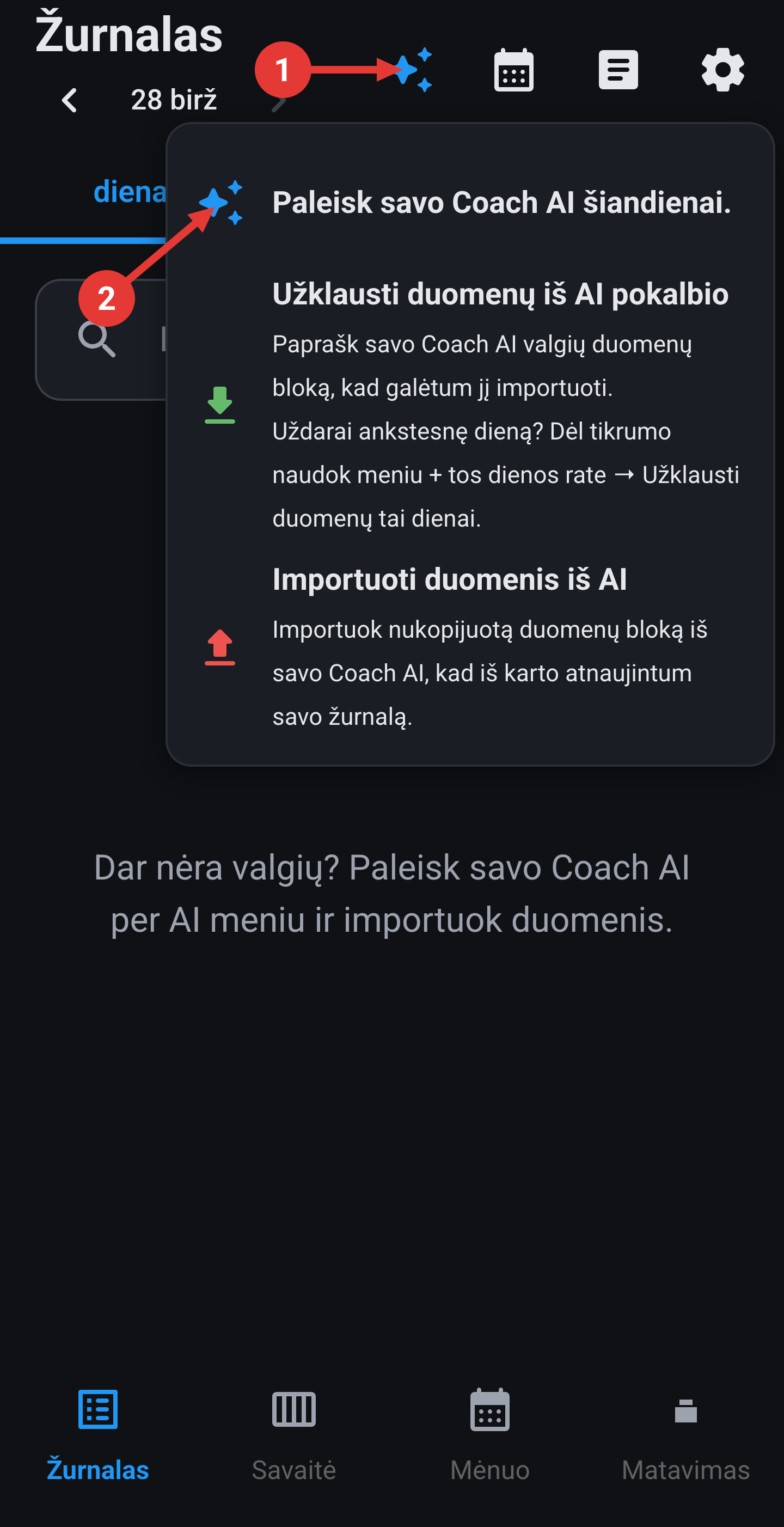 AI meniu: Paleisk savo Coach AI šiandienai.